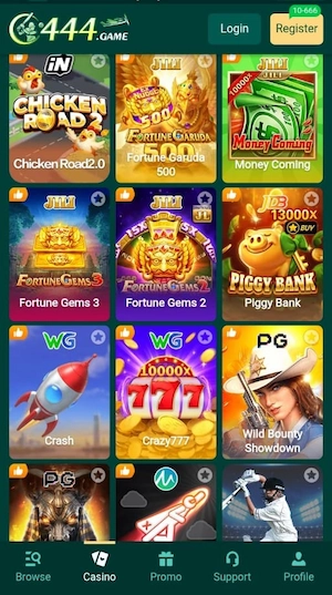 LC444 Game dashboard with gaming, bonus rewards, and wallet features.